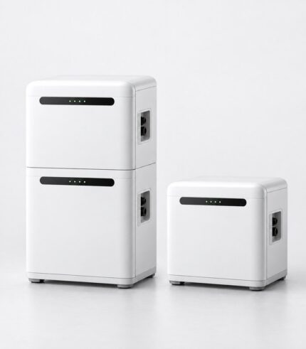 stackable 5kWh home battery module shown front three-quarter with a second module beside it