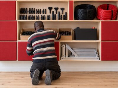 Technician seen from behind kneeling at a wall-mounted battery storage unit and shelving of solar accessories, checking