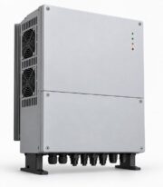 Three Phase Inverter 15kW, three-quarter view from the left showing the cooling fins and cable connections