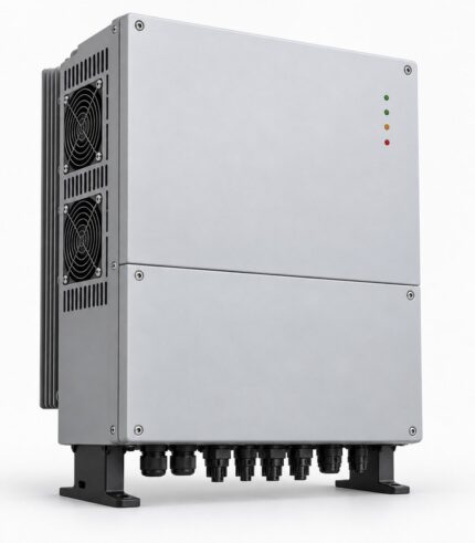 Three Phase Inverter 15kW, three-quarter view from the left showing the cooling fins and cable connections