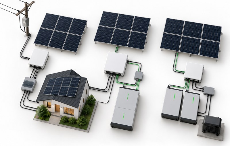 top-down modular flatlay of solar panels, inverter, battery storage, grid connection and home model illustrating solar s