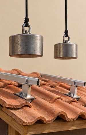 Two hanging roof load test weights beside solar mounting hardware on a tiled roof section