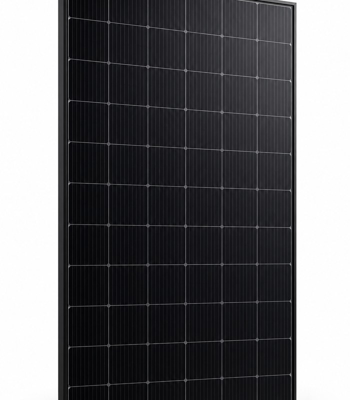 unbranded full black 410W solar panel shown as a single upright product on a white studio background