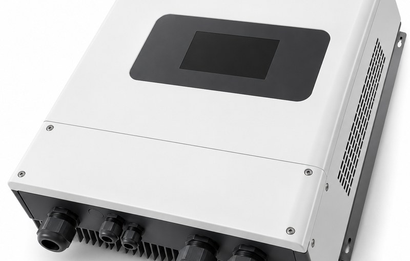 unbranded single-phase hybrid solar inverter shown from an elevated three-quarter angle