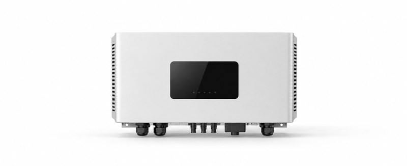 unbranded wall-mounted single-phase hybrid solar inverter shown in a wide front studio view