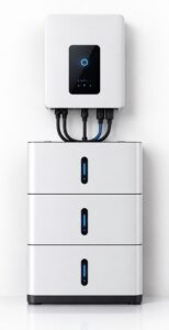 vertical close-up of a compact wall-mounted solar inverter and battery backup unit