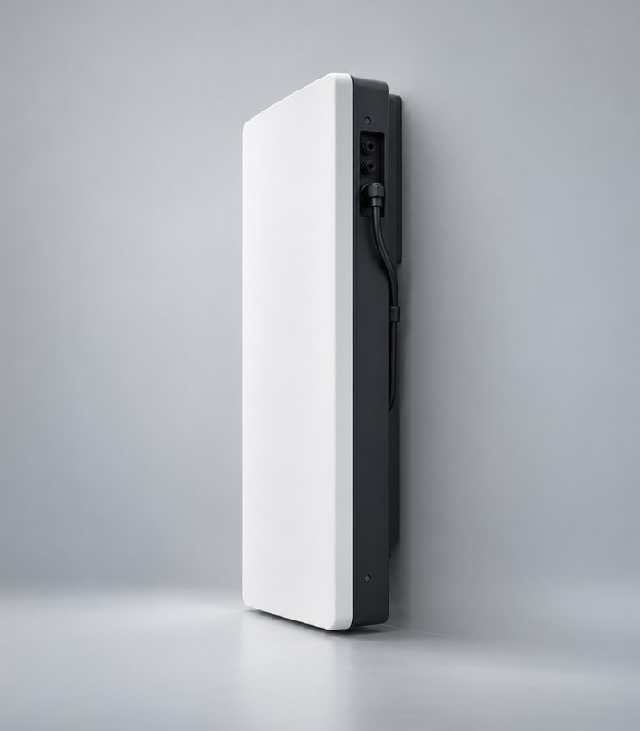 Wall Mount Battery 10kWh shown in slim side profile with connection port detail