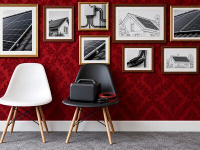 Wall of framed technical diagrams replaced by a bold red feature wall with a compact inverter and battery pack beside tw