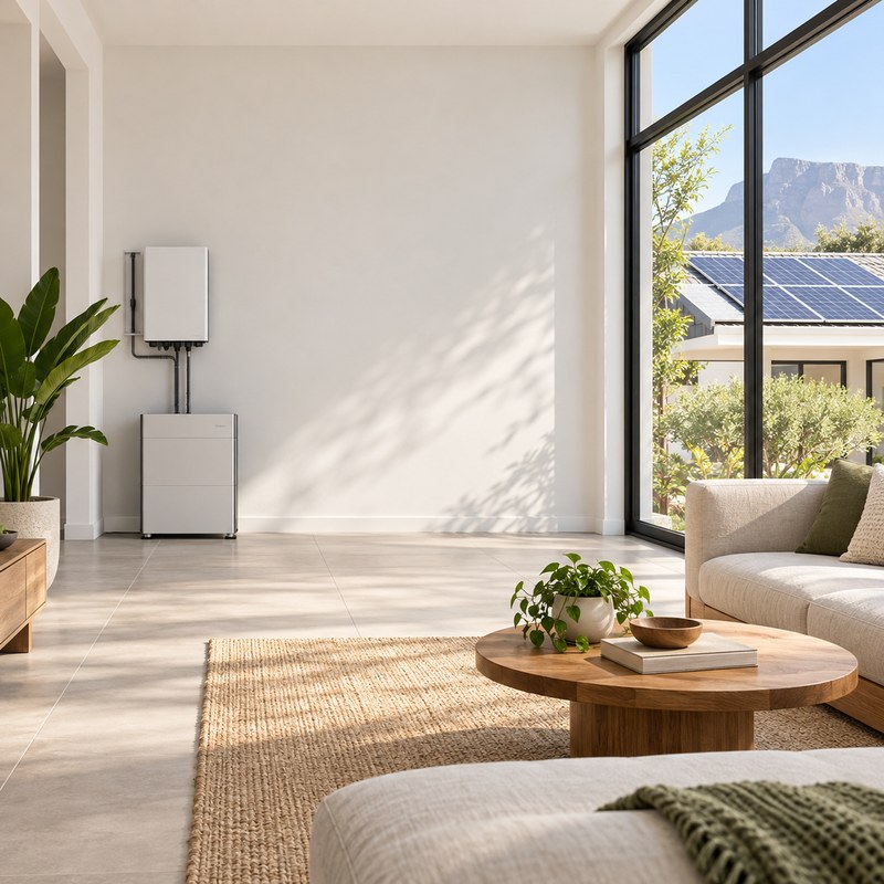 wide interior view of a modern South African home powered by solar backup with visible equipment and roof panels outside