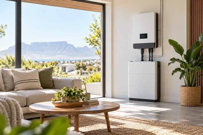 wide product-page lifestyle image of a hybrid inverter and battery backup system in a bright modern home