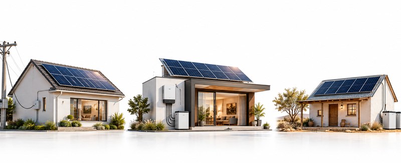 wide studio scene comparing grid-tied, hybrid and off-grid solar power setups using unbranded panels, inverter, batterie