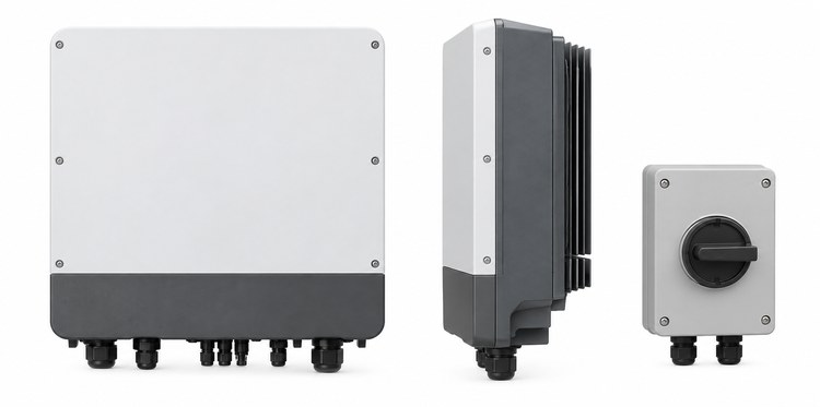 Wide technical-style layout of a three-phase solar inverter shown front and side views with an isolator box