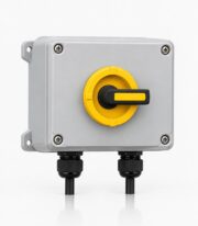 yellow small rooftop DC isolator box shown as product and gallery detail