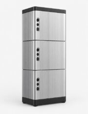 A modular stackable home battery tower, 15kWh lithium storage, tall floor-standing silver and black unit