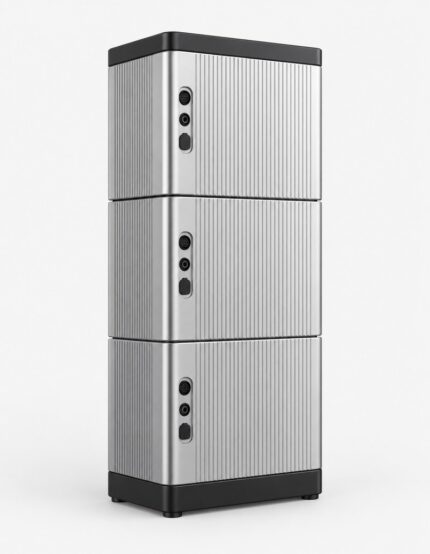 A modular stackable home battery tower, 15kWh lithium storage, tall floor-standing silver and black unit