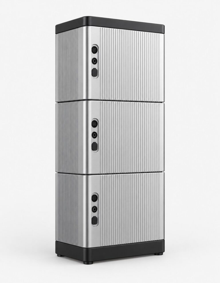 A modular stackable home battery tower, 15kWh lithium storage, tall floor-standing silver and black unit