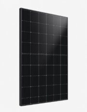 A single full black monocrystalline solar panel 410W, black frame and black cells, standing upright in three-quarter vie