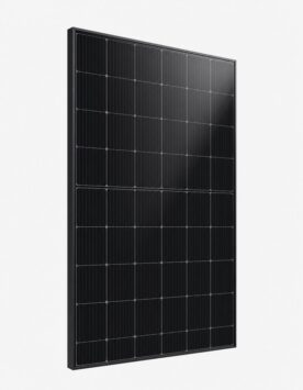 A single full black monocrystalline solar panel 410W, black frame and black cells, standing upright in three-quarter vie