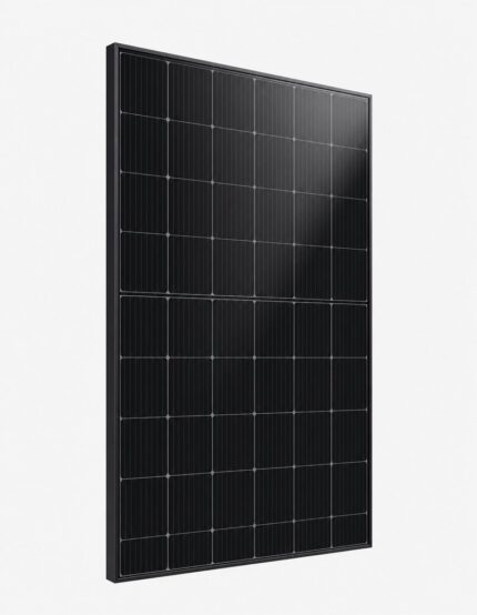 A single full black monocrystalline solar panel 410W, black frame and black cells, standing upright in three-quarter vie