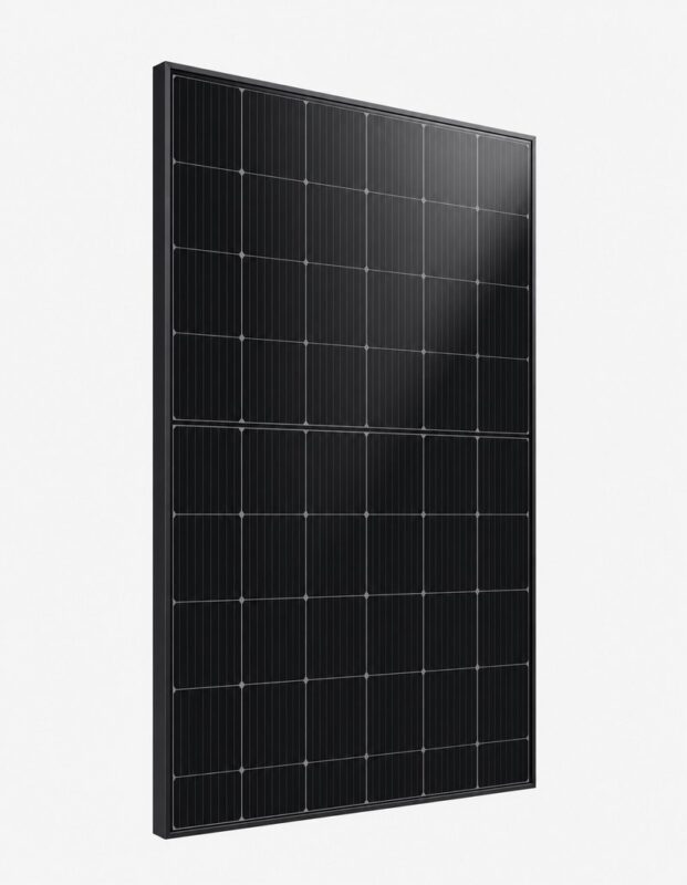 A single full black monocrystalline solar panel 410W, black frame and black cells, standing upright in three-quarter vie