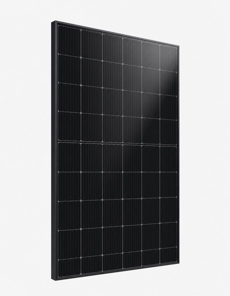 A single full black monocrystalline solar panel 410W, black frame and black cells, standing upright in three-quarter vie