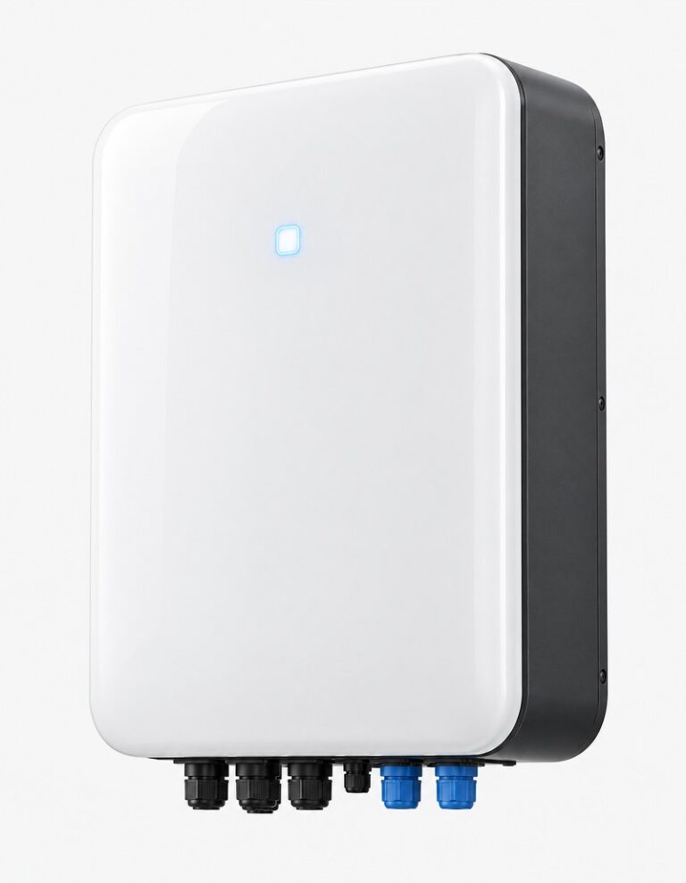 A wall-mount home battery 10kWh, slim white-fronted lithium storage unit with dark grey sides and bottom connectors