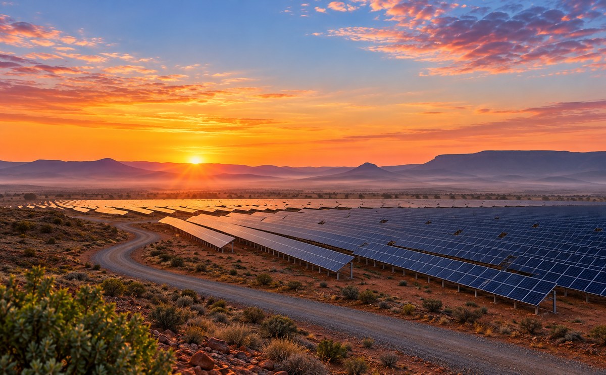 Aerial view of a large South African solar farm with rows of panels at golden sunrise