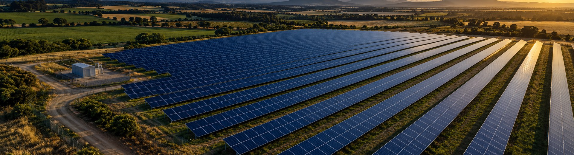 Aerial view of rows of solar panels in a large solar farm on South African farmland, darkened for text overlay