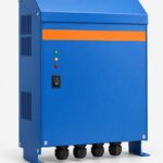 An off-grid inverter charger 5kVA, a solid bright blue metal-cased unit with orange stripe and cable glands underneath