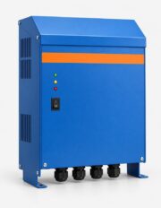 An off-grid inverter charger 5kVA, a solid bright blue metal-cased unit with orange stripe and cable glands underneath