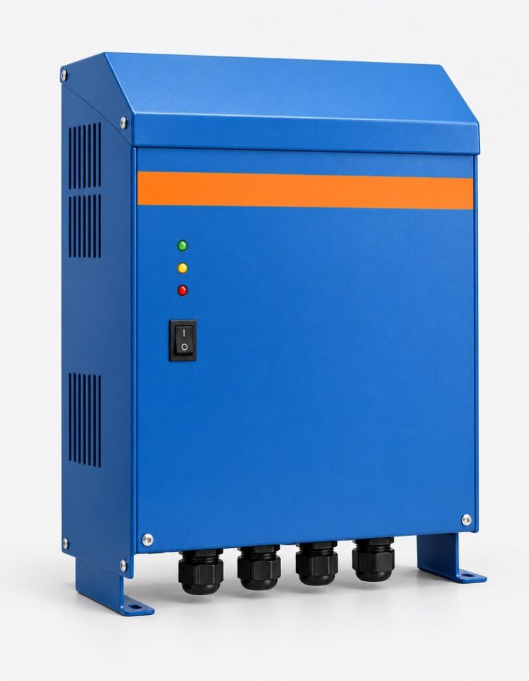 An off-grid inverter charger 5kVA, a solid bright blue metal-cased unit with orange stripe and cable glands underneath