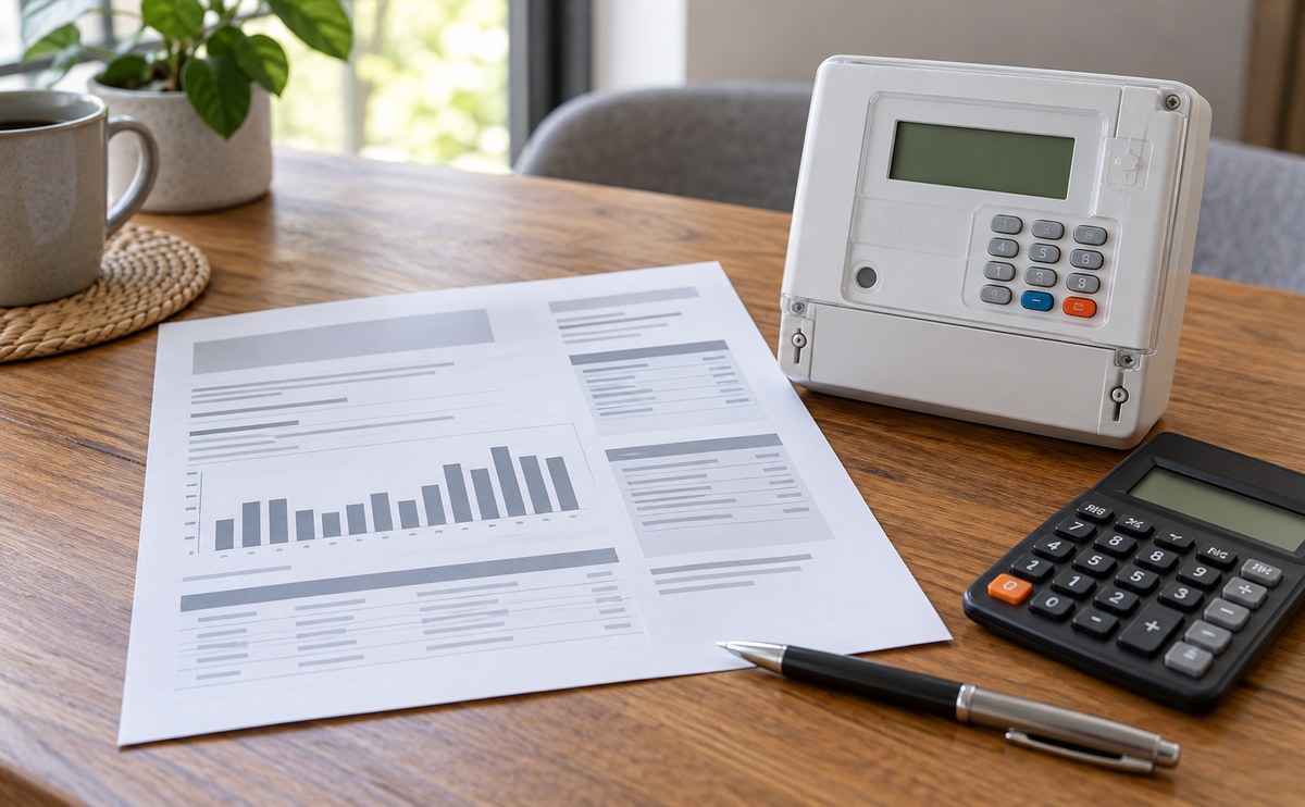 Close-up of an electricity meter and a printed utility bill on a desk beside a laptop showing a neutral usage graph