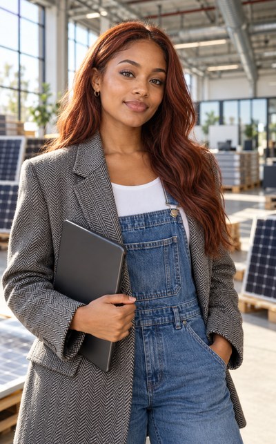 Confident young South African woman with long auburn hair, wearing denim dungarees and tweed blazer, holding a tablet, i