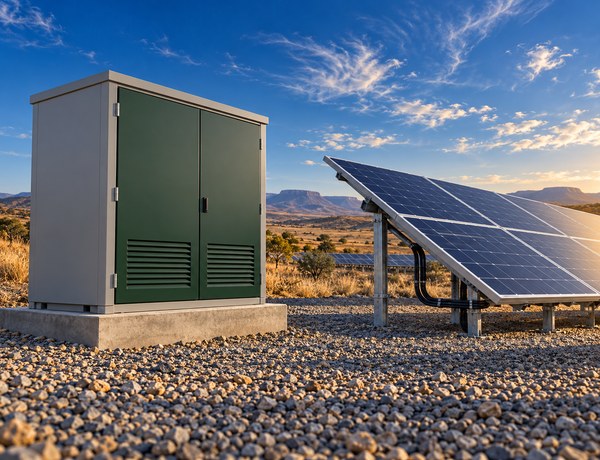 Ground-mounted solar array in a South African veld with a grey outdoor inverter and battery enclosure cabinet beside the