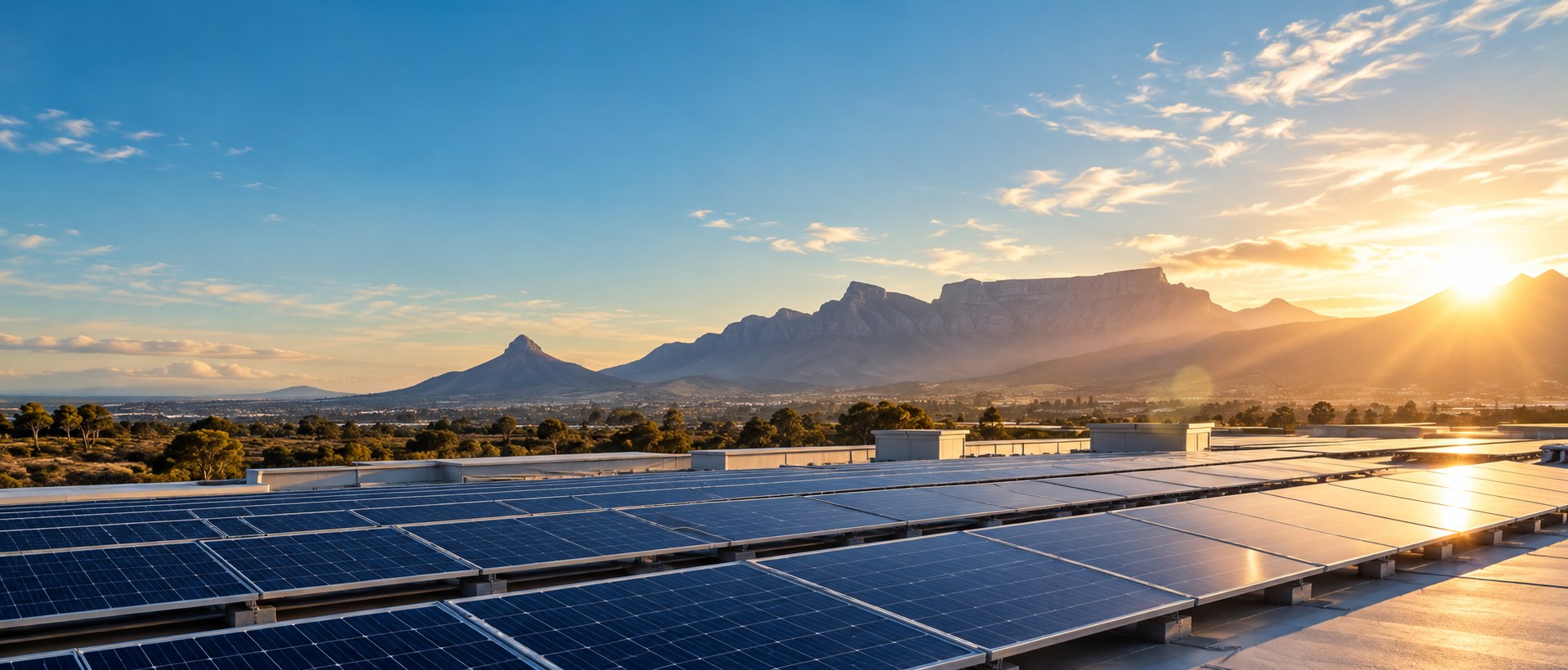 Large rooftop solar panel array on a South African commercial building with a mountain ridge and hazy low sun in the bac