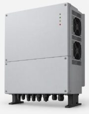 Large three phase 15kW solar inverter, grey metal cabinet with cooling fans and black base feet, unbranded