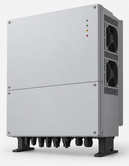 Large three phase 15kW solar inverter, grey metal cabinet with cooling fans and black base feet, unbranded