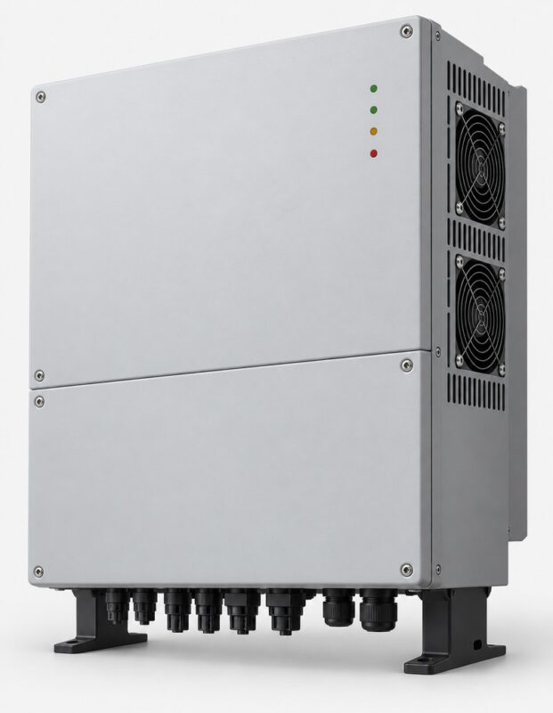 Large three phase 15kW solar inverter, grey metal cabinet with cooling fans and black base feet, unbranded