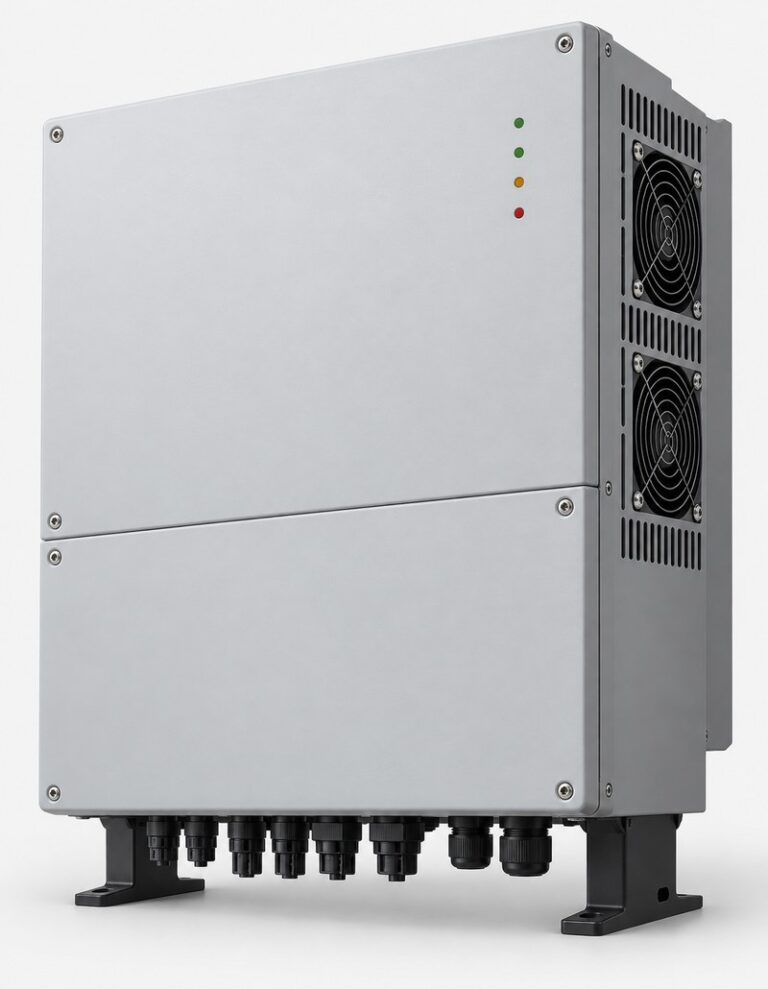 Large three phase 15kW solar inverter, grey metal cabinet with cooling fans and black base feet, unbranded