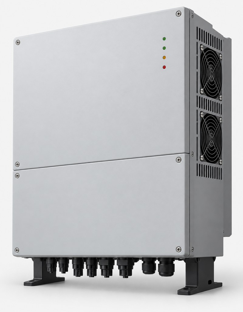 Large three phase 15kW solar inverter, grey metal cabinet with cooling fans and black base feet, unbranded Large three phase 15kW solar inverter, grey metal cabinet with cooling fans and black base feet, unbranded