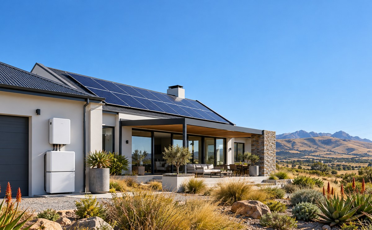 Modern South African house with rooftop solar panels, a hybrid inverter and battery on the garage wall, and a pylon in t
