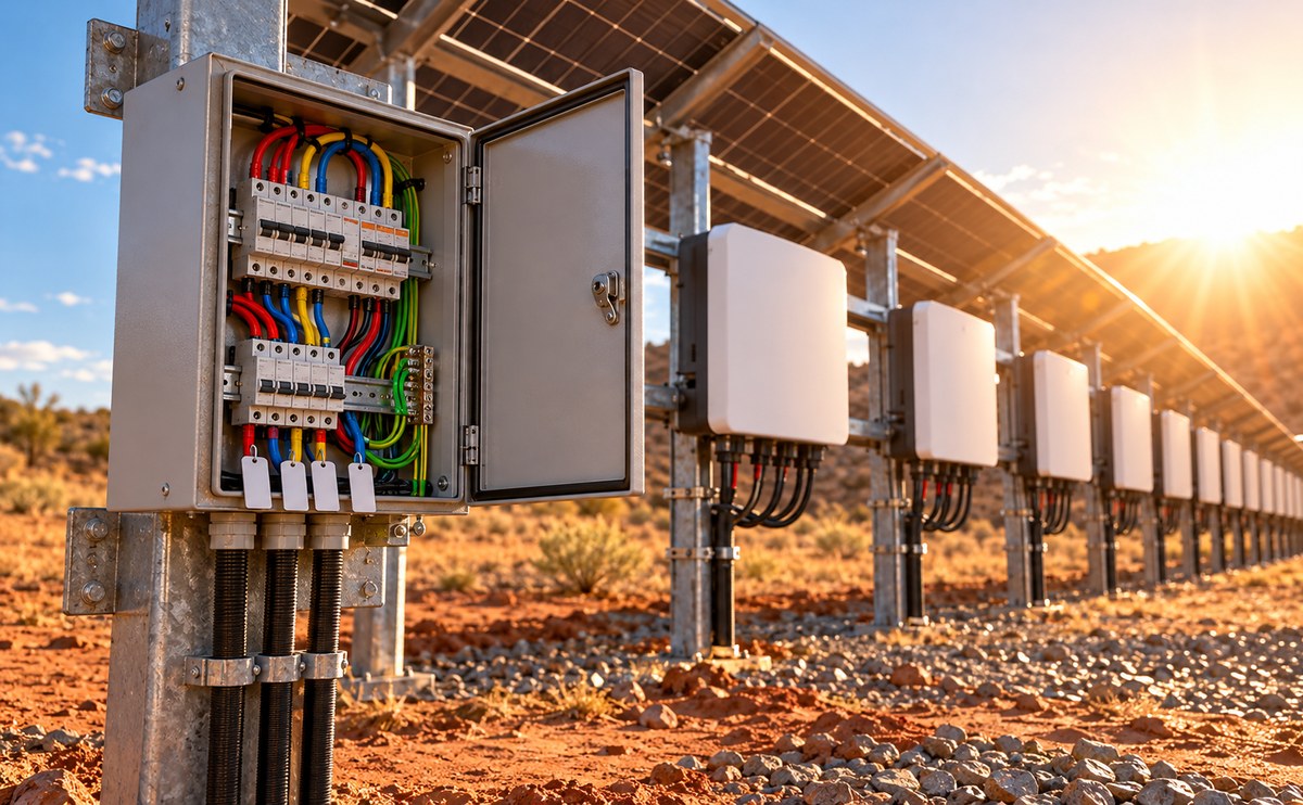 Open electrical combiner box with colour-coded wiring and unbranded inverters mounted under solar panels