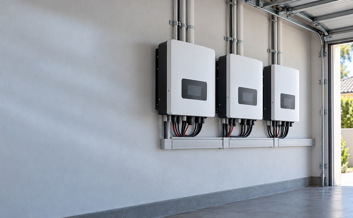 Row of plain white unbranded hybrid inverters mounted on a clean wall in a South African garage