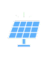 Simple line-art icon of a solar panel on a stand with small sun rays above it