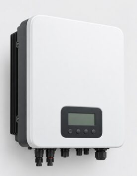 Single phase 5kW hybrid solar inverter, white wall-mount unit with blank LCD display, unbranded