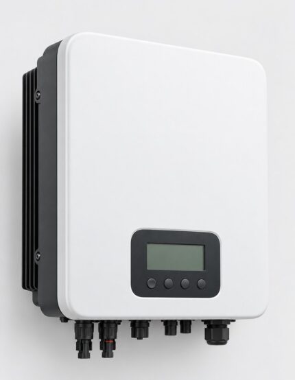 Single phase 5kW hybrid solar inverter, white wall-mount unit with blank LCD display, unbranded
