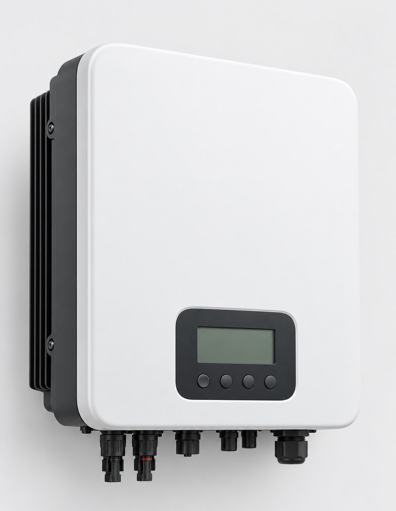Single phase 5kW hybrid solar inverter, white wall-mount unit with blank LCD display, unbranded Single phase 5kW hybrid solar inverter, white wall-mount unit with blank LCD display, unbranded