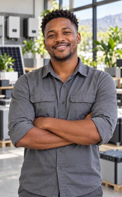 Smiling South African Black male solar installation team lead with arms crossed, in a grey work shirt, standing in a bri