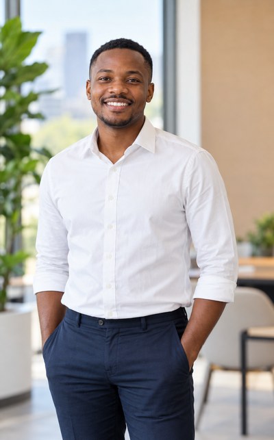 Smiling young South African man, Black, as a solar company team member in a crisp white shirt, bright office background