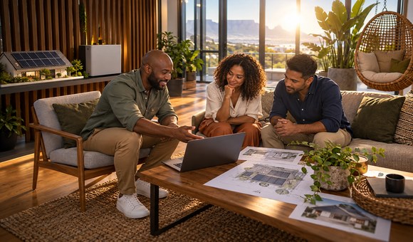 Solar company staff meeting with a customer in a stylish lounge area, discussing a solar and battery backup plan on a la